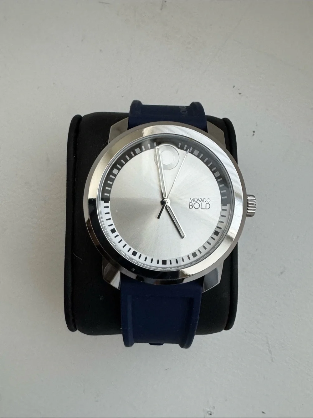 Movado BOLD Silver Dial Navy Silicone Watch